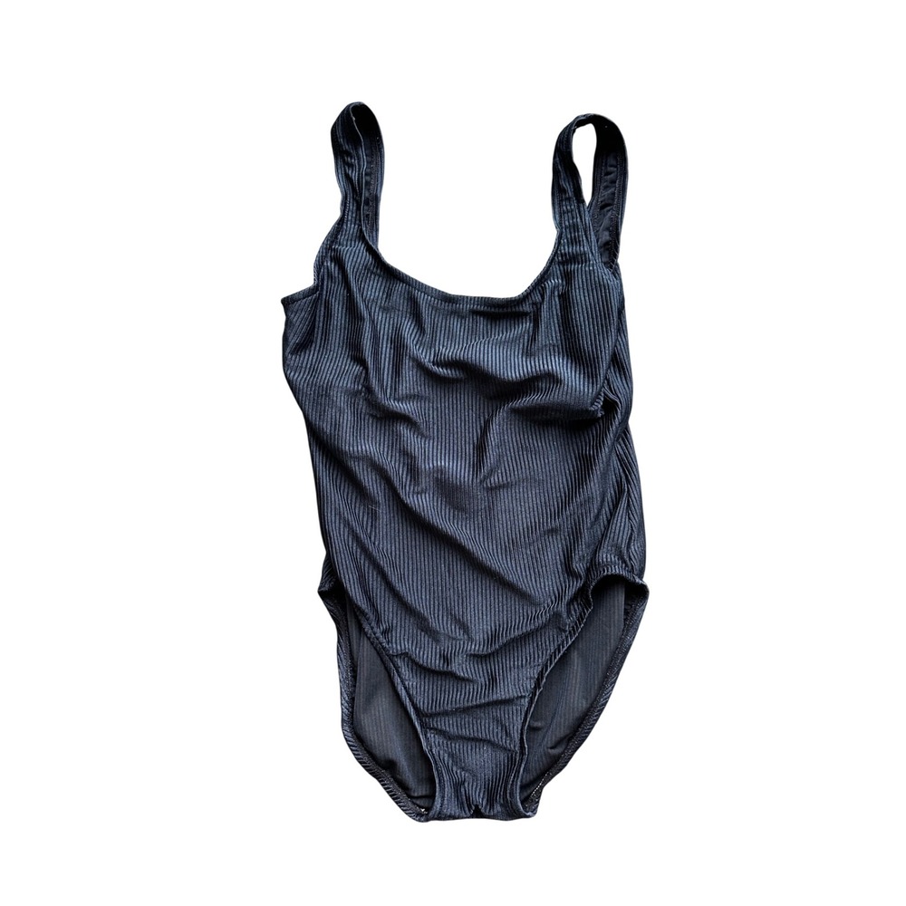 Vintage Ribbed One‎ Piece Swimsuit Black Scoop Neck Tank Style 2324